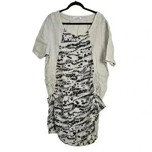 T by Transparente Women's 100% Linen Ruched Tan & Black Dress with Pockets Artsy